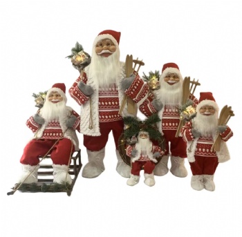 santa clause dolls figures with led light on the bag, with wooden sleigh in hand/ sitting santa on wood sleigh/wreath family set