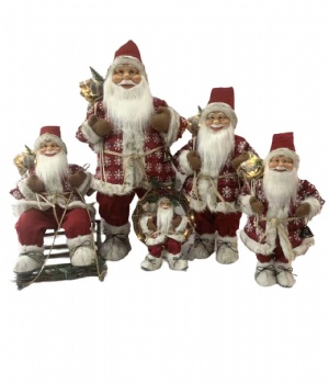 santa clause dolls figures with led light on the bag, with wooden sleigh in hand/ sitting santa on wood sleigh/wreath family set